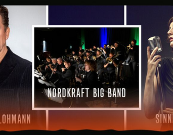 Gruppebillede af bandet Nordkraft Big Band, hvor Jesper Lohmann og Sinne Egg fremhæves på hver sin side.